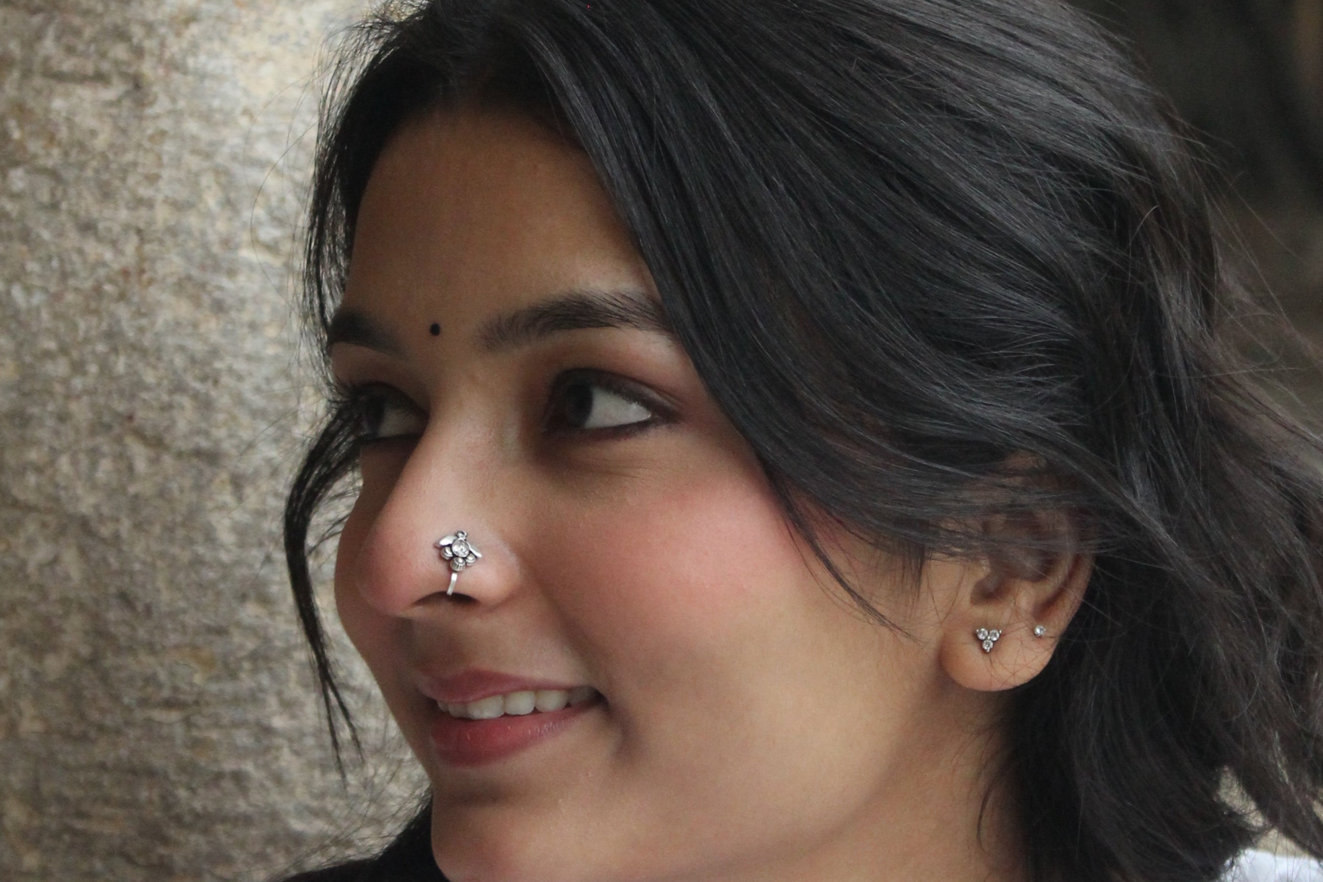 silver white stone nosepin